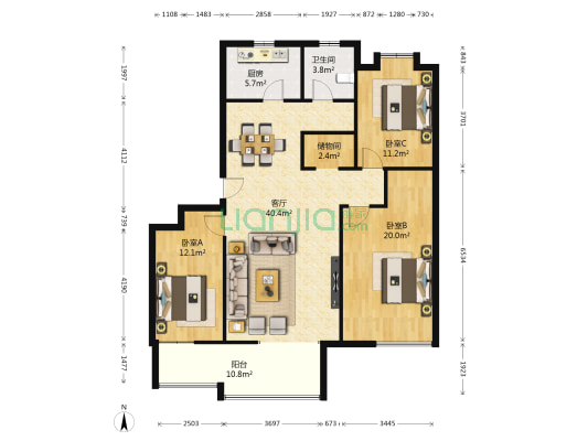 景泰铭城 3室1厅1卫 124平方