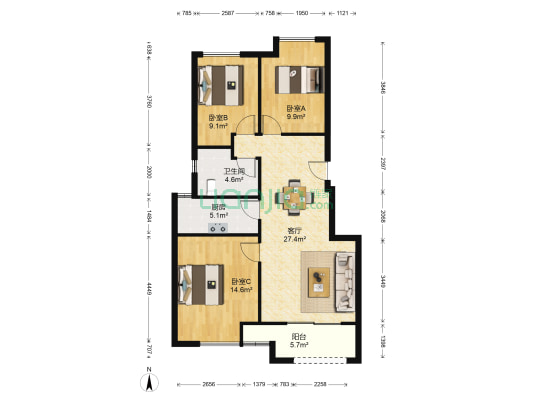 贡院一号 3室1厅1卫 90平方