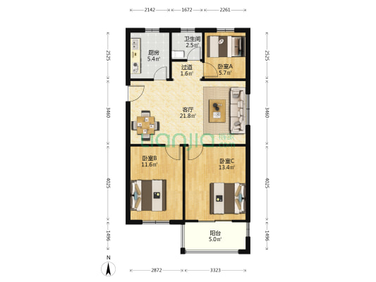 楠沁花园 3室1厅1卫 100平方