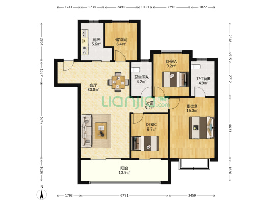 红豆天一华府 3室1厅2卫 134平方