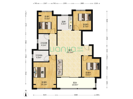 中海九樾 4室1厅2卫 128平方