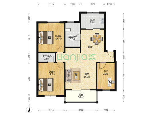 江宏新村小区 3室1厅2卫 107平方