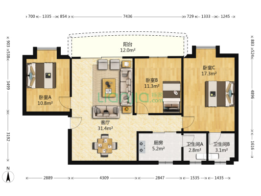 骏豪苑 3室1厅2卫 103平方