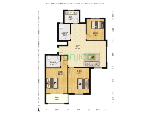 东苑新天第 3室1厅2卫 121平方