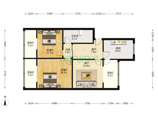 高升公寓 2室2厅1卫 101平方