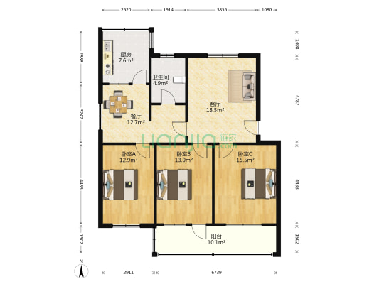 雅居小区 3室2厅1卫 122平方
