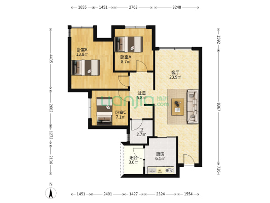 华宇城M2 3室1厅1卫 93平方