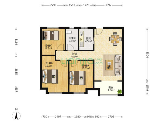 中联依山伴城三期 3室1厅1卫 97平方