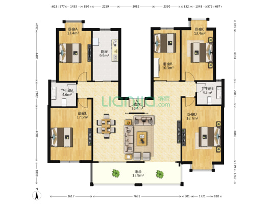 澄碧湖阳光 5室1厅2卫 89平方