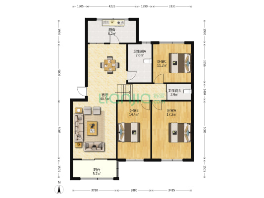 市中行家属院 3室1厅2卫 128平方