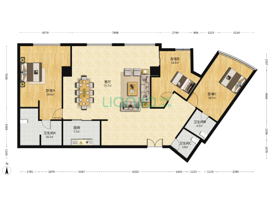 谷泰滨江大厦 3室1厅3卫 247平方