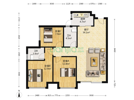 碧桂园联丰天汇湾 3室1厅2卫 108平方