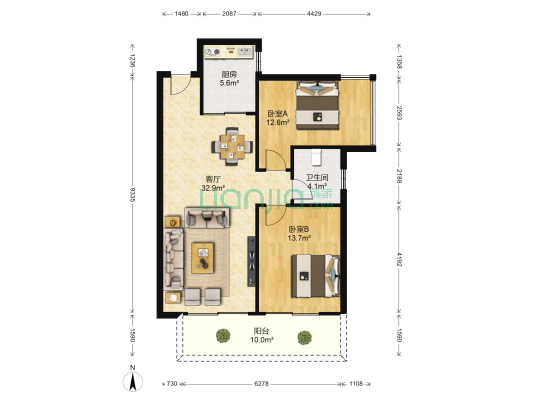 彰泰城B区 2室1厅1卫 90平方