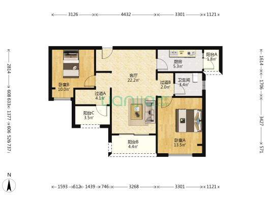 荣盛观云郡观天下组团 2室1厅1卫 90平方