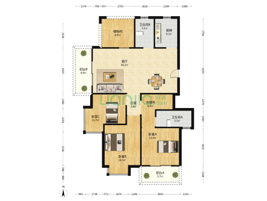 尚品公寓 3室1厅2卫 132平方