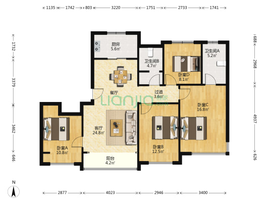 中南菩悦东望府 4室1厅2卫 126平方