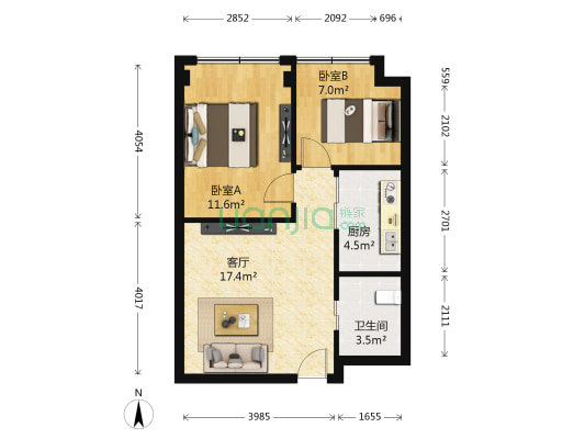 优尚天地 2室1厅1卫 54平方