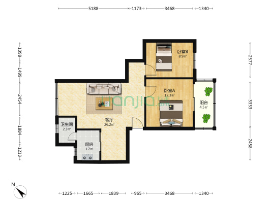 糖奶厂宿舍 2室1厅1卫 65平方