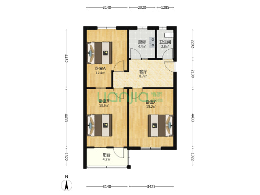 亳州路2号 3室1厅1卫 73平方