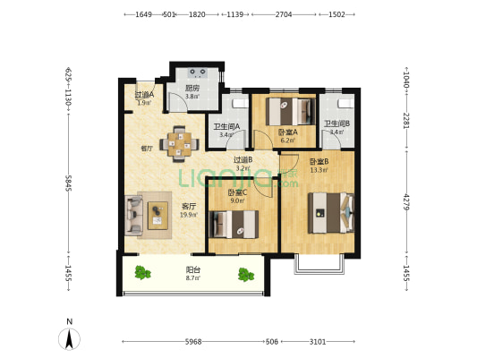 谱洋府 3室1厅2卫 97平方