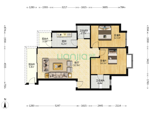 新都花园二期 2室1厅2卫 134平方