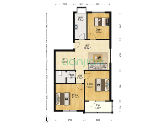 市环保局 3室2厅1卫 101平方