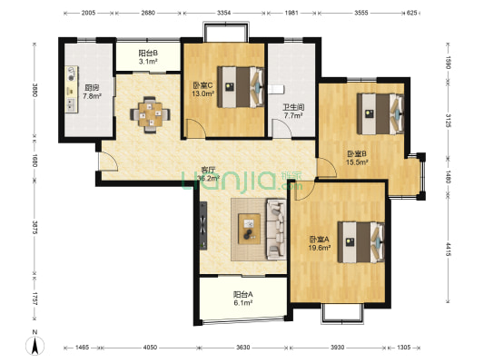 花桥阳光苑 3室1厅1卫 124平方