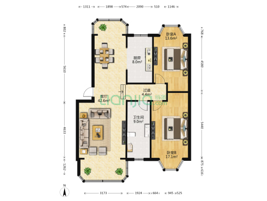 建设公寓 2室1厅1卫 105平方