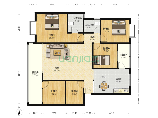 临江雅苑 4室1厅2卫 142平方