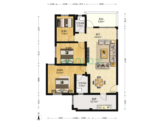 龙盛楼 3室1厅2卫 108平方