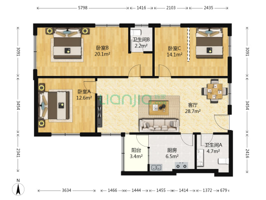 专家公寓 3室1厅2卫 124平方