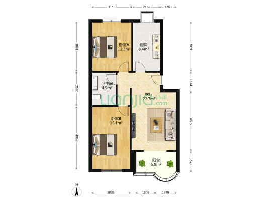 园东园 2室1厅1卫 87平方