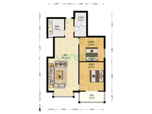 金域首府 2室1厅1卫 98平方