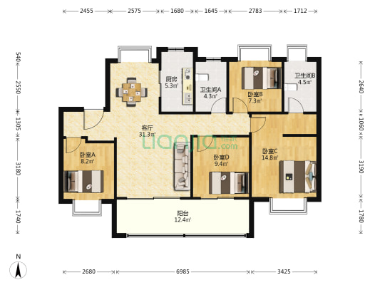 银城孔雀城荟见未来 4室1厅2卫 116平方