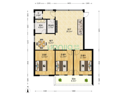 琼山工商银行宿舍 3室2厅2卫 94平方