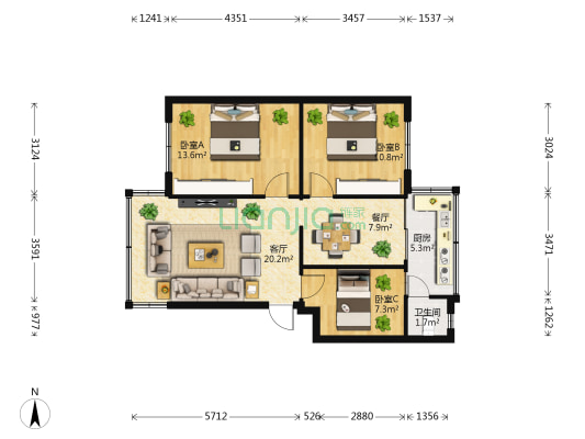 圆通西巷13号 3室2厅1卫 70平方
