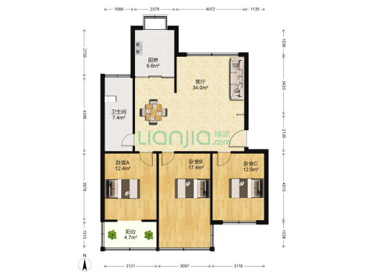 湖北省广播电视大学教师宿舍 3室1厅1卫 110平方