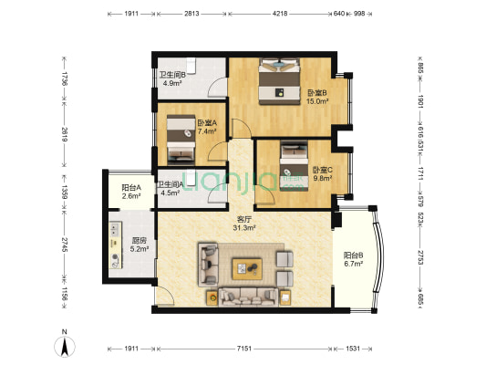 兴元嘉园 3室1厅2卫 103平方