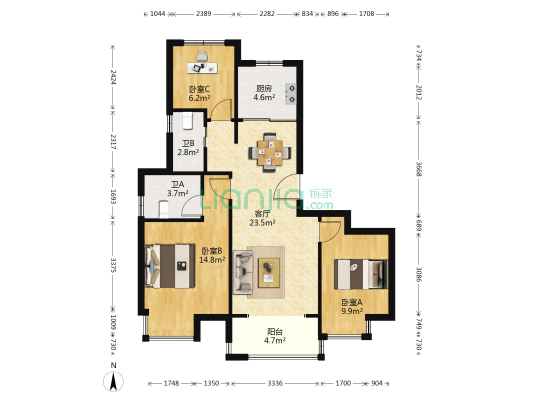 悦未来朗庭 3室1厅2卫 100平方