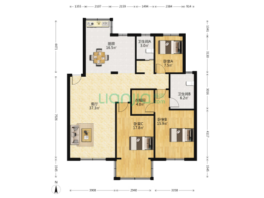 豪盛苑 3室1厅2卫 128平方