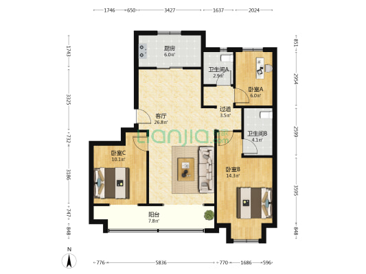 万科北宸之光 3室1厅2卫 110平方
