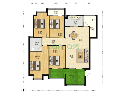 东方高尔夫花园B区 4室1厅1卫 147平方