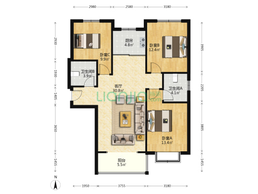 南北三居，精装未住，集中供暖，人车分流-户型图