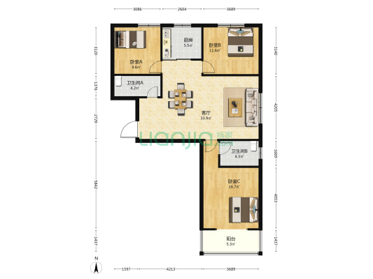 盛锦花园 3室1厅2卫 125平方