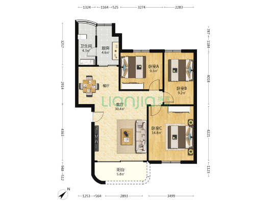 百花苑 3室1厅1卫 89平方