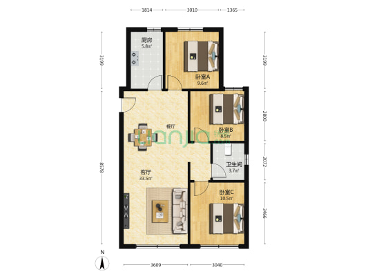 中海铂悦公馆 3室1厅1卫 101平方
