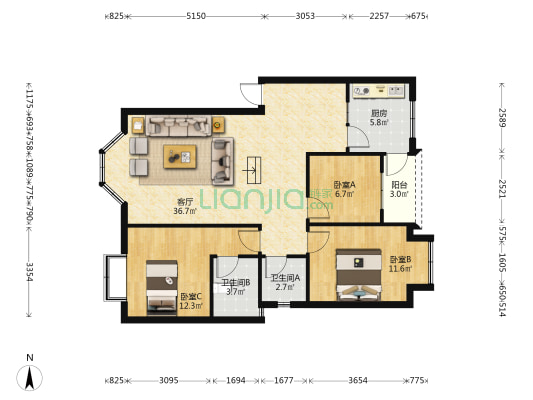 升平家园 3室1厅2卫 98平方