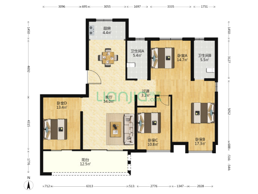 瑞璟嘉园A区 4室1厅2卫 164平方