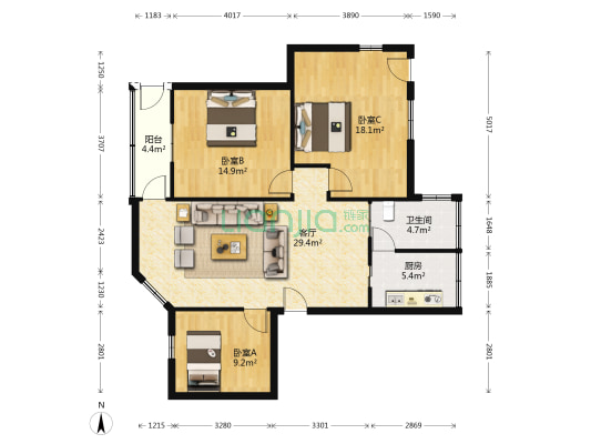 供电宿舍 3室1厅1卫 85平方