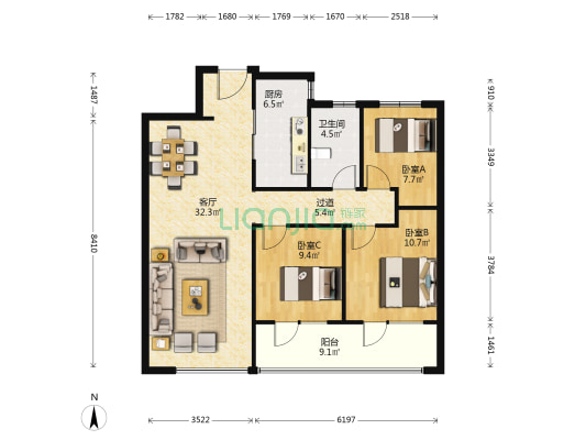 融创中心融誉 3室1厅1卫 108平方